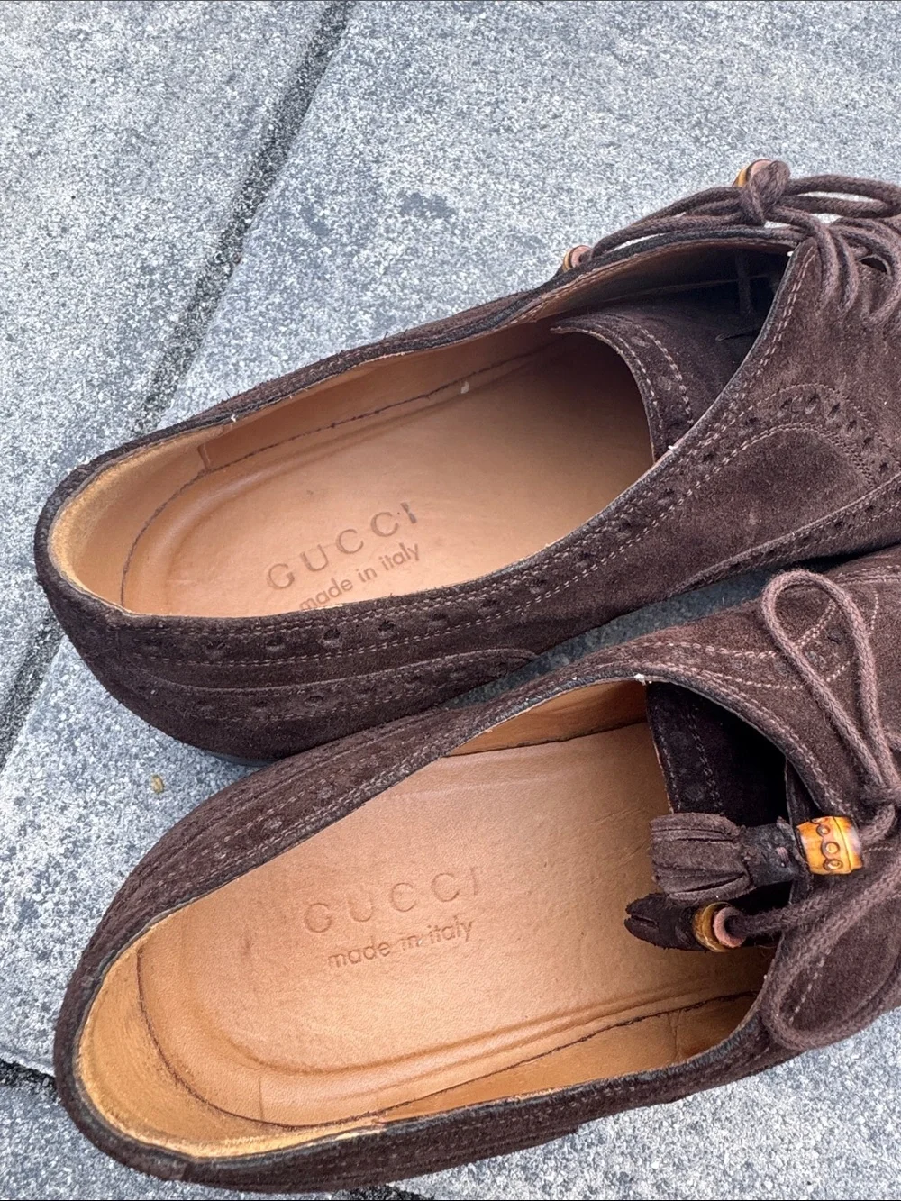 Gucci Bamboo Accent Brown Suede Brogue Oxfords. Lace up. Size 10.